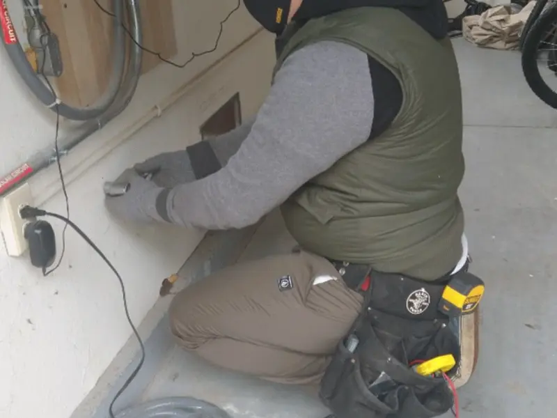 Electrician performing outlet wiring in a Howell garage